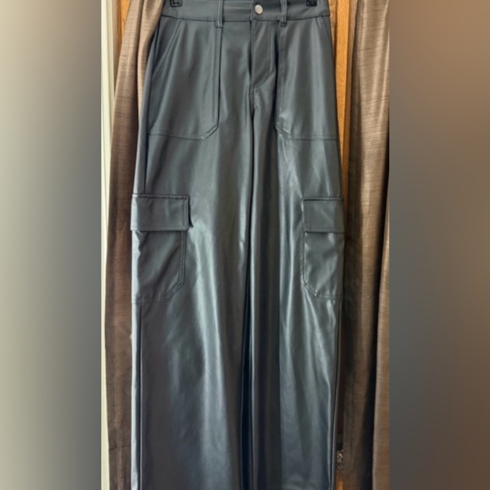 Black Faux Leather Cargo Pants
